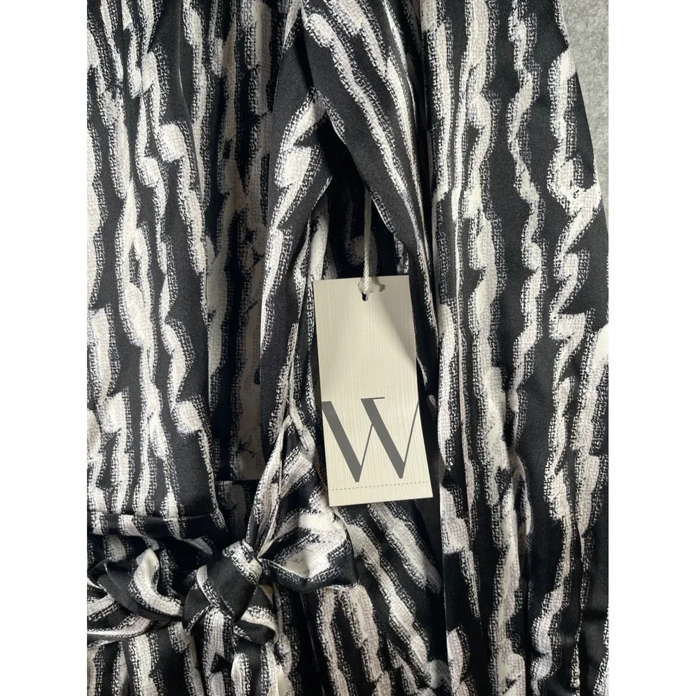 Worthington Womens XL Black White Abstract Stripe Tie Waist Midi Shirt Dress NWT